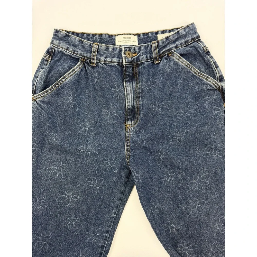Cotton On Floral Carpenter Jeans Size 8 Blue Wide Leg Cargo Pants High Rise - Picture 8 of 13
